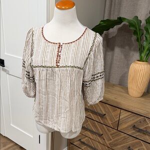 Polagram Beige Striped Blouse with Embroidery
